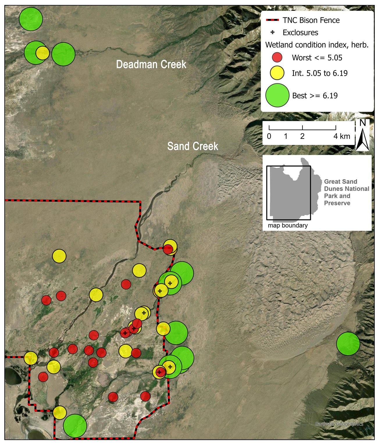 Wetland monitoring site conditions in the park. Map of Great Sand Dunes NP showing best herbaceous wetland conditions outside of a bison pasture.