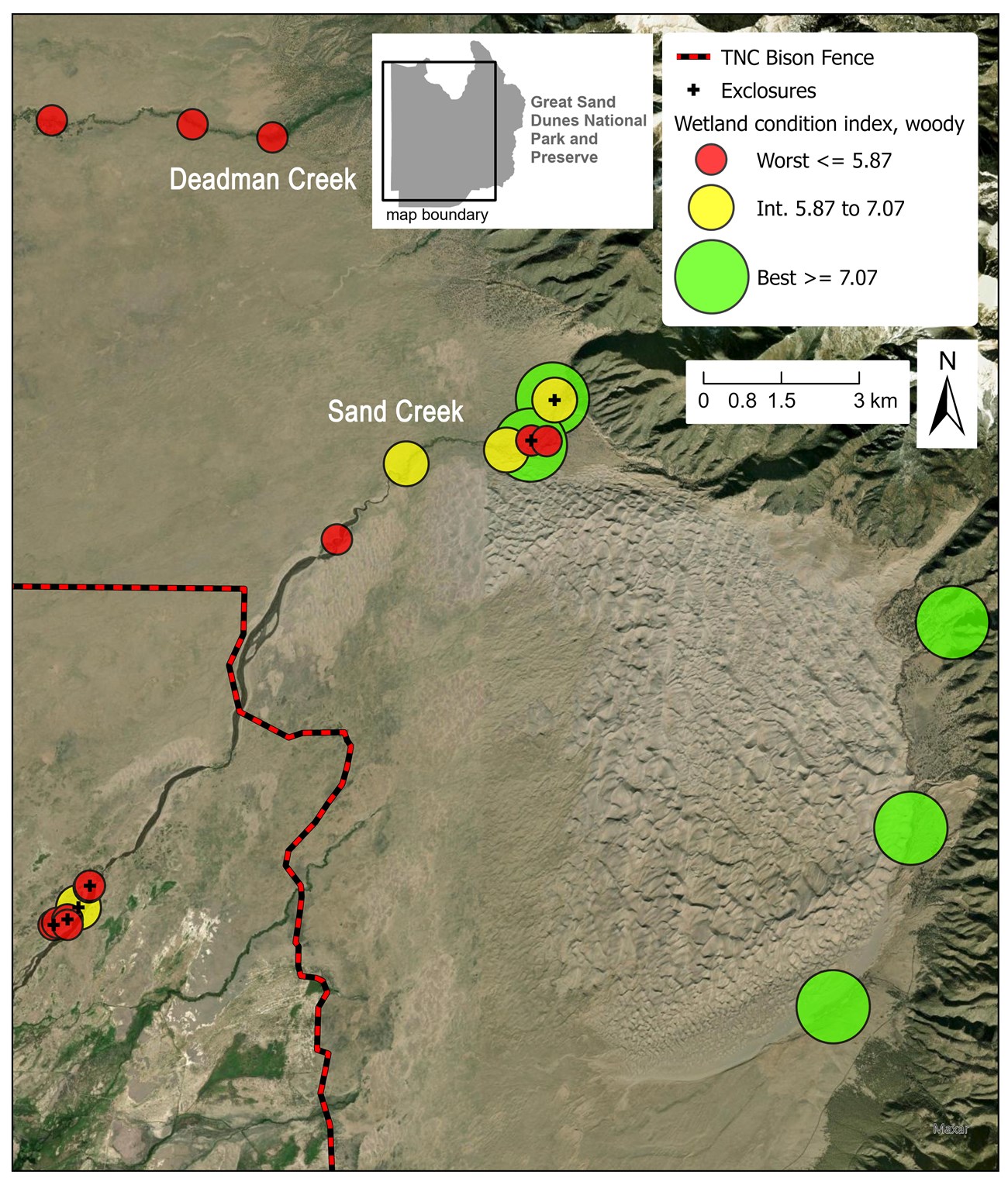 Woody wetland conditions at monitoring sites in the park. Map of Great Sand Dunes NP showing best woody wetland site conditions at the base of the mountains and worse conditions inside a bison pasture.