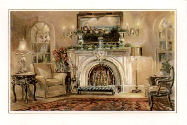 A painting of the Eisenhower family fireplace with Christmas decorations