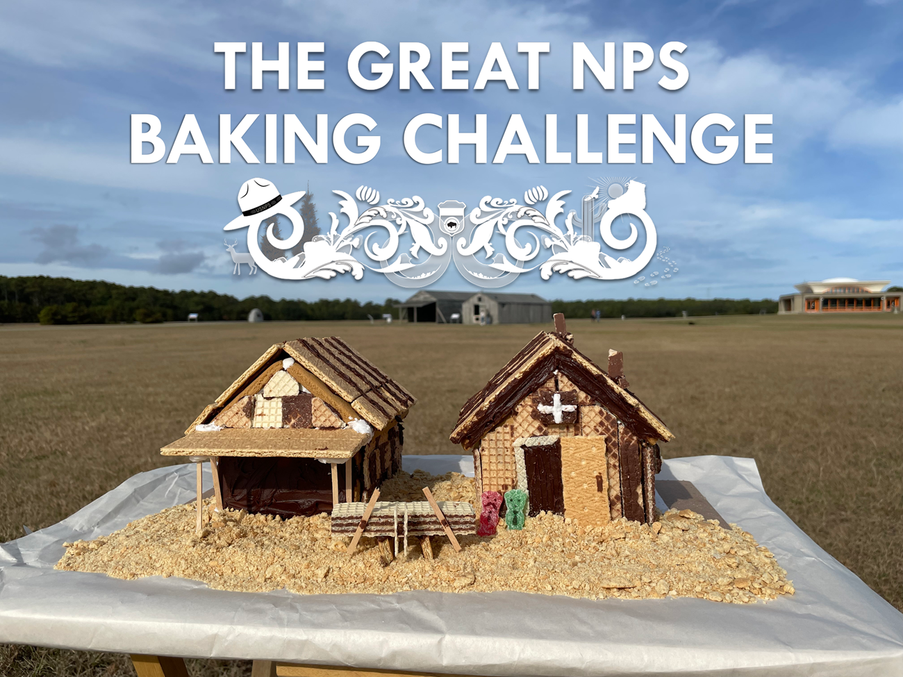 Baking Challenge Graphic Gingerbread houses outside mimicking a nearby building