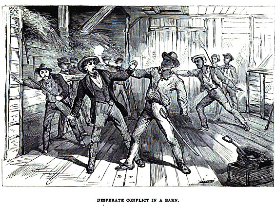 Image:  Lithograph depicting a fight inside a barn where Jackson and the Matterson brothers battle with slave catchers. From William Still's book, "The Underground Railroad."
