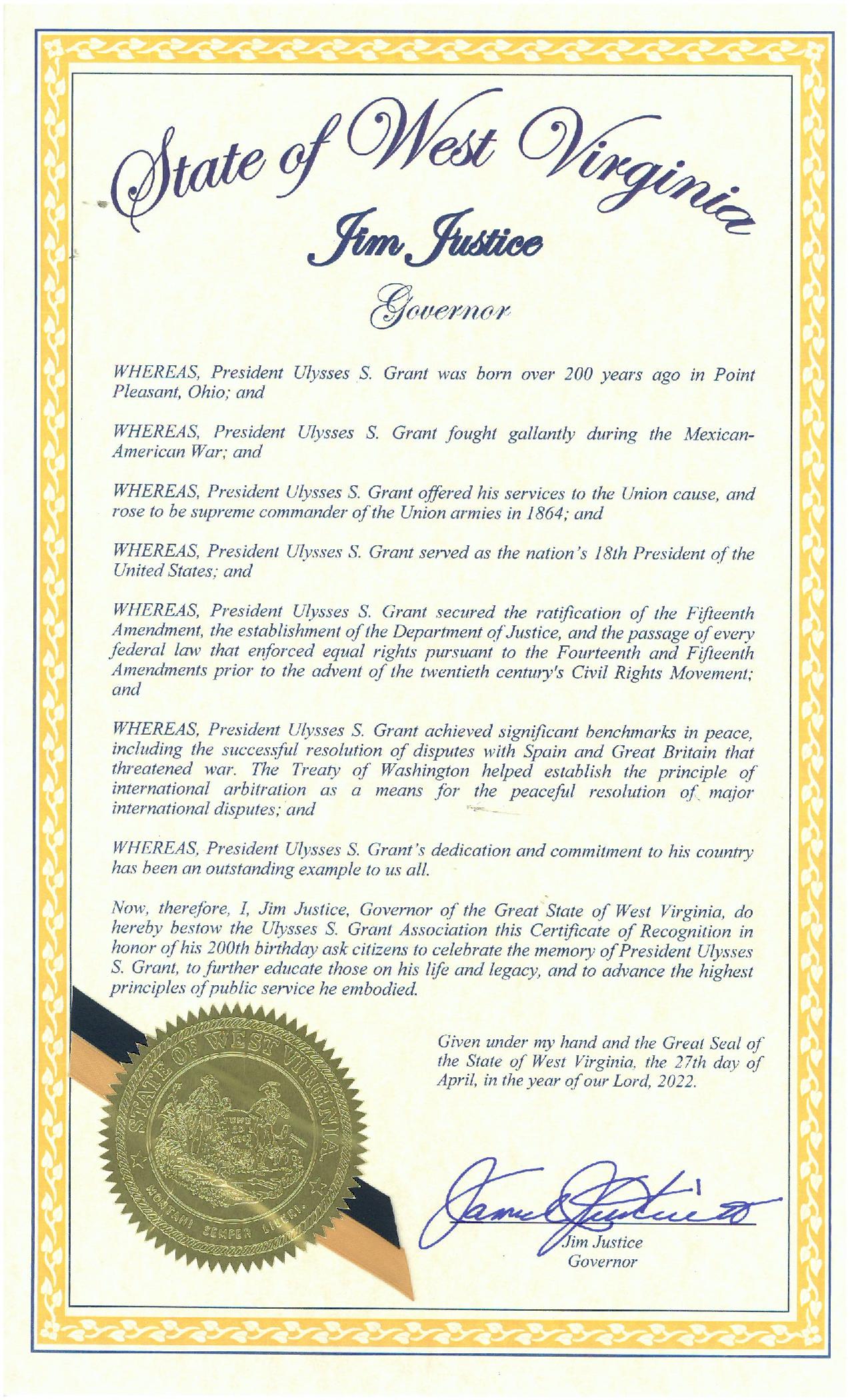 Message From West Virginia on paper with seal in bottom left corner and signature in bottom right.