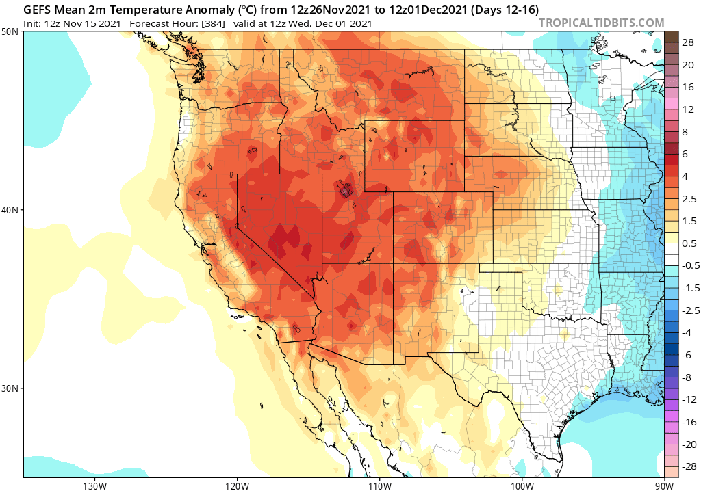 Map predicting higher than average temperatures for December in the Western United States.