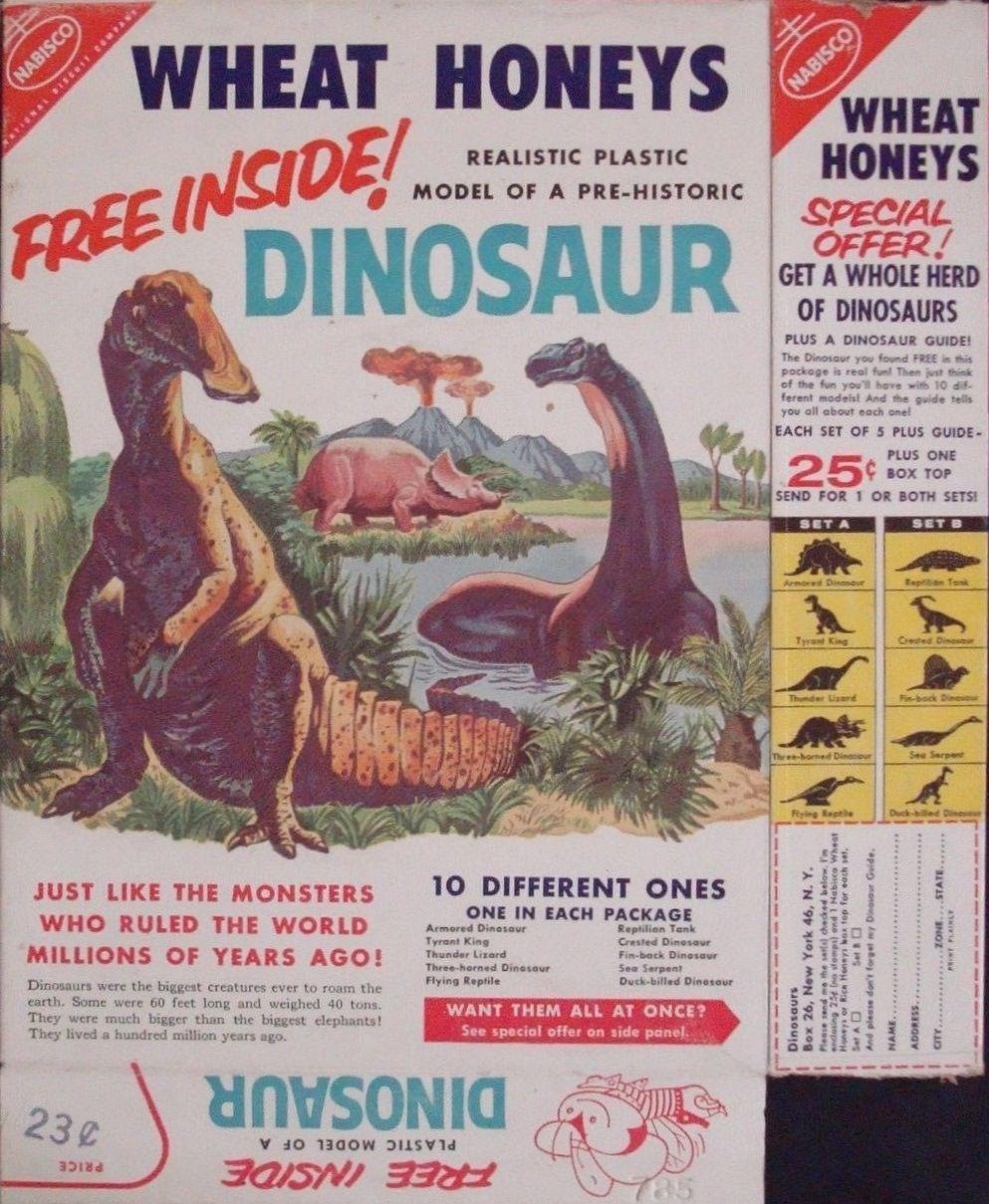 Wheat Honeys cereal box with dinosaurs from the 1960s Wheat Honeys cereal box with dinosaurs from the 1960s