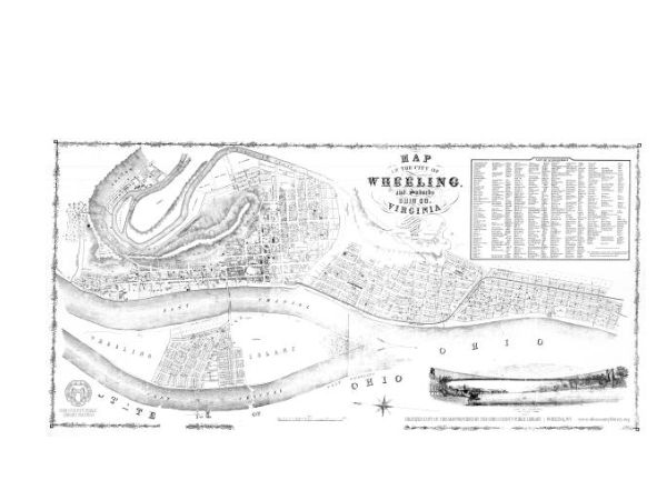 Wheeling Map Scan of Historic black-and-white hand-drawn map of city with downtown with rive to south and an island in middle of river