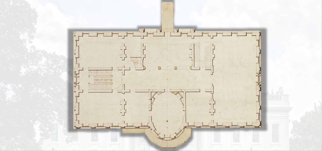 A top-down view of the floorplan of the White House with divisions for the walls indicating the shape of rooms