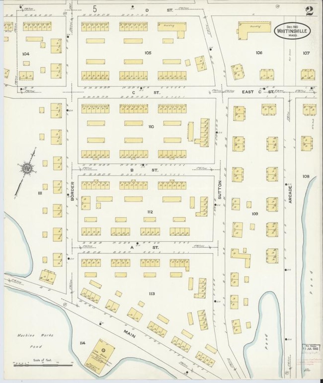 Whitinsville Sanborn Map Map showing mill houses with yellow square