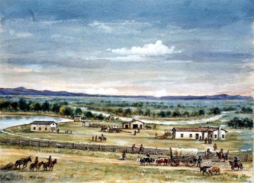 Whitman Mission A watercolor painting of several buildings and people, some on horseback.
