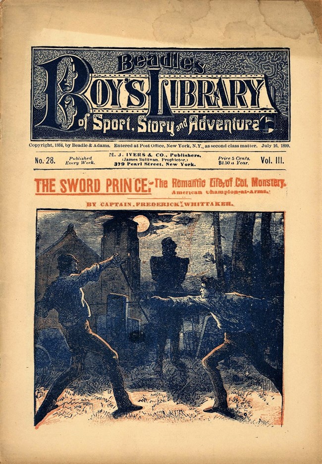 Cover of magazine, with text and a drawing of two men sword fighting in a graveyard