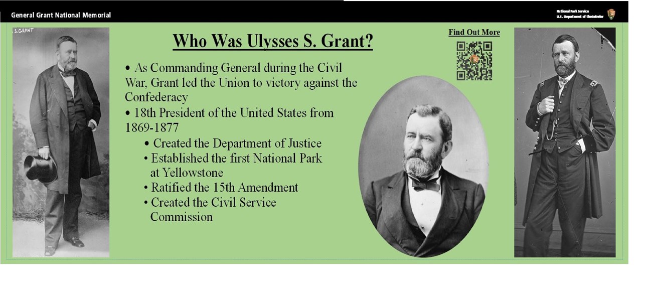 Green background with title and text above and between one black and white image of US Grant on the left and two on the right