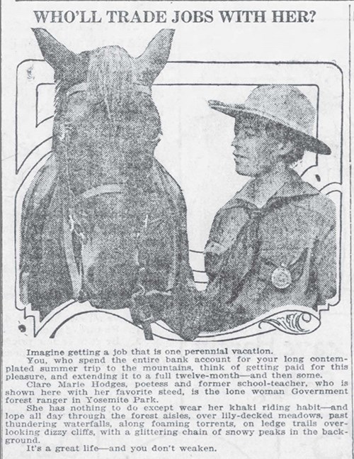 Who'll-trade-jobs-with-her Clare Hodges standing next to a horse, seen only from the waist up. Headline reads "Who'll Trade Jobs with Her?"