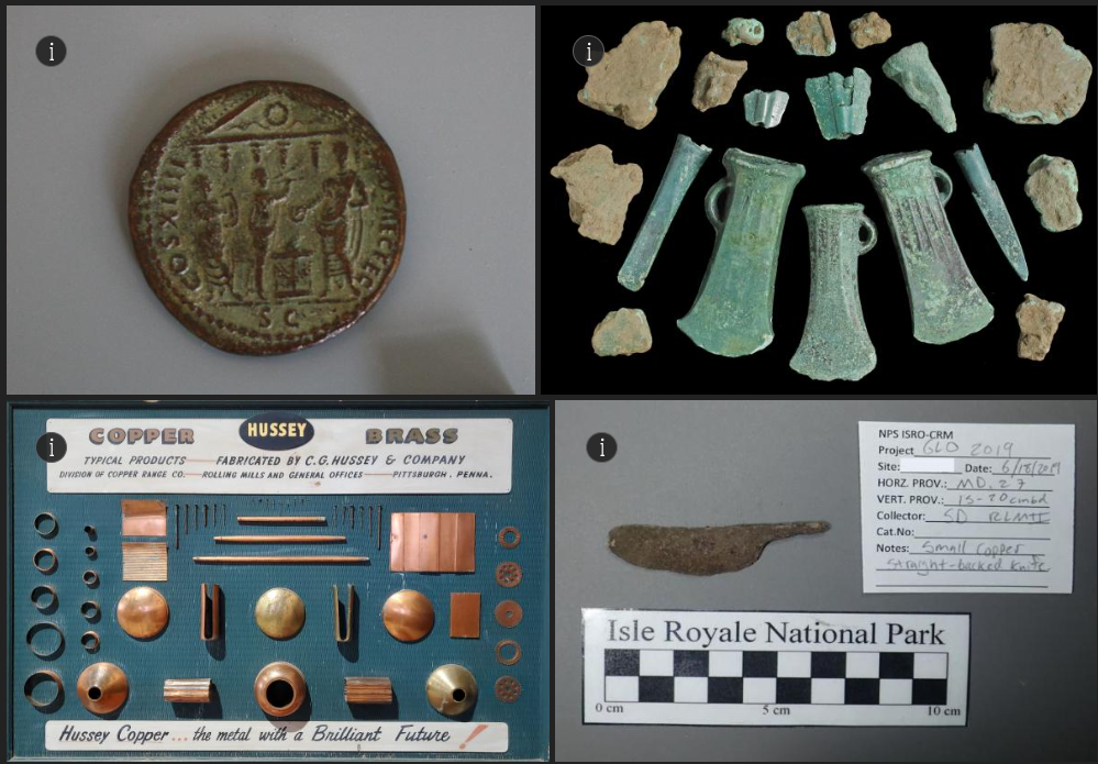 Series of 4 images highlighting copper usage from around the world. Artifacts inlude a Roman copper coin, a variety of Bronze Age artifacts, a straight-backed copper knife, and modern copper products.
