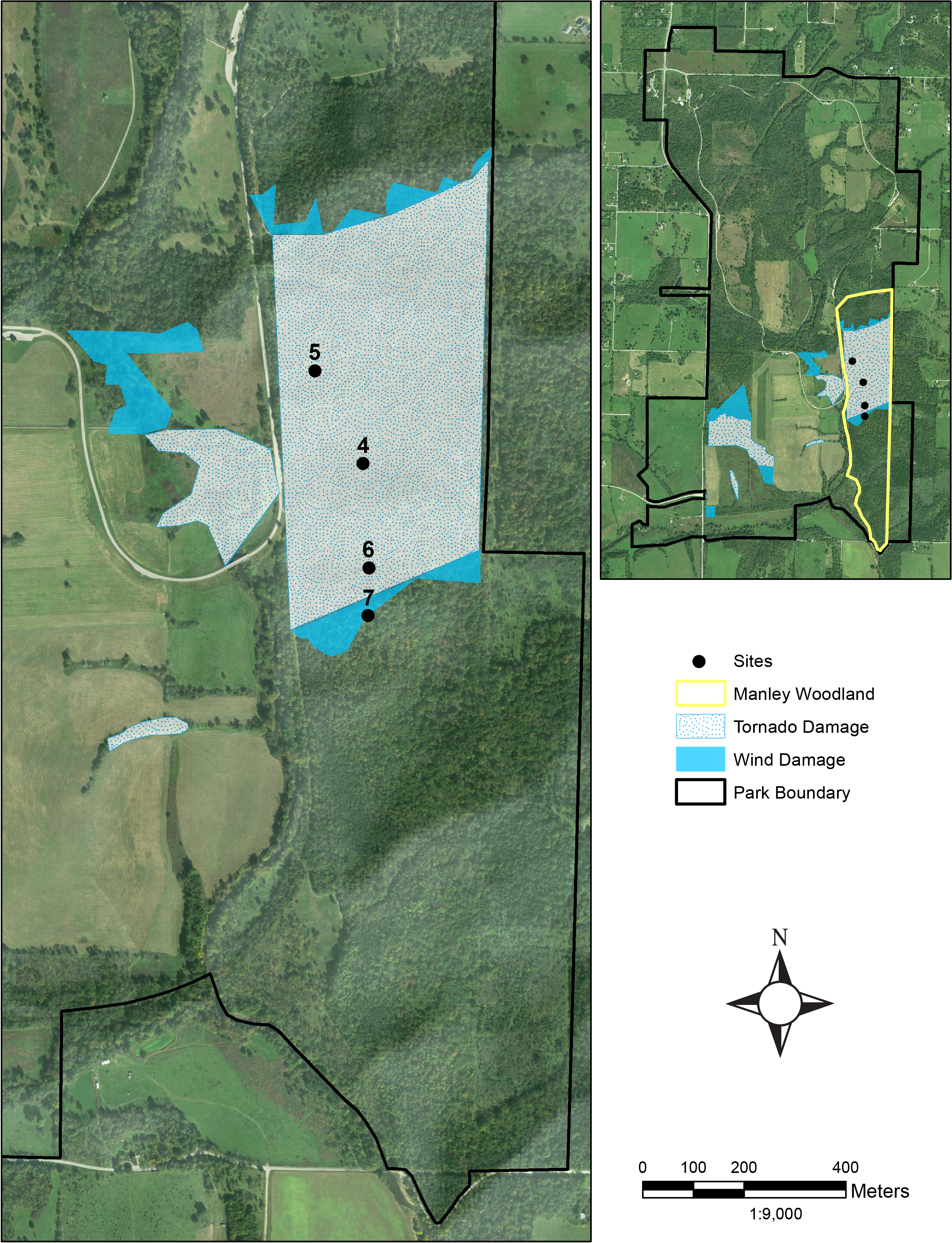 Map of Manley Woods plant monitoring units A map of Manley Woods unit in the southeastern part of Wilson's Creek National Battlefield with four plant monitoring sites (sites 4, 5, 6, and 7) marked and three sites are in area that had tornado damage and one site is in an area with wind damage