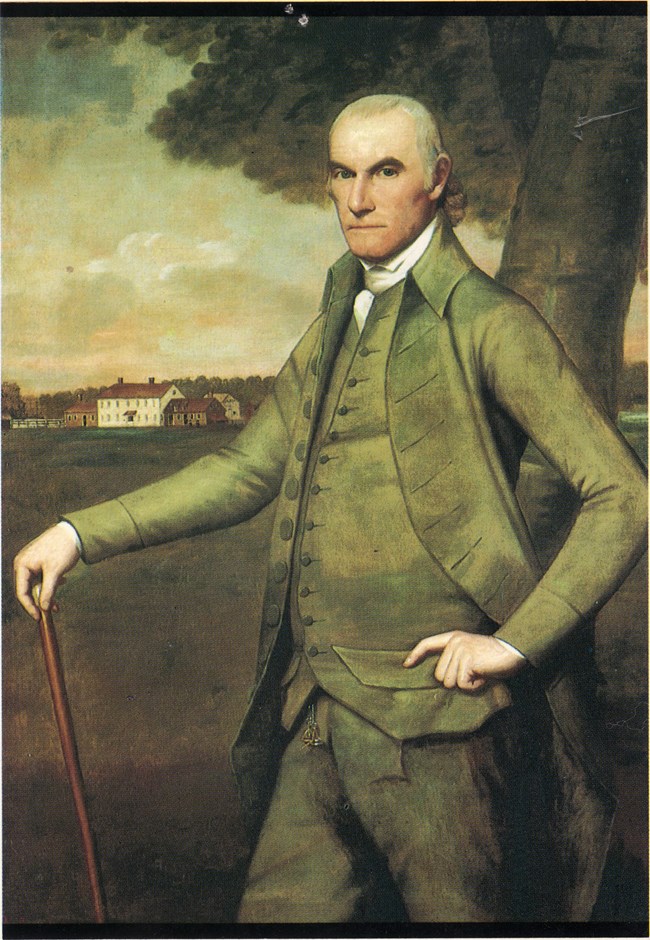 A painted portrait of an older gentleman standing in front of a tree. In the distance and old manor house is visible.