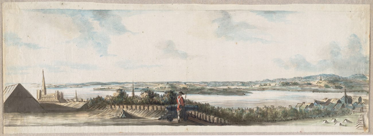 Dorchester Neck Ink and watercolor panoramic view with fort and soldier in red jacket in foreground and two hills in background beyond water of Boston Harbor.