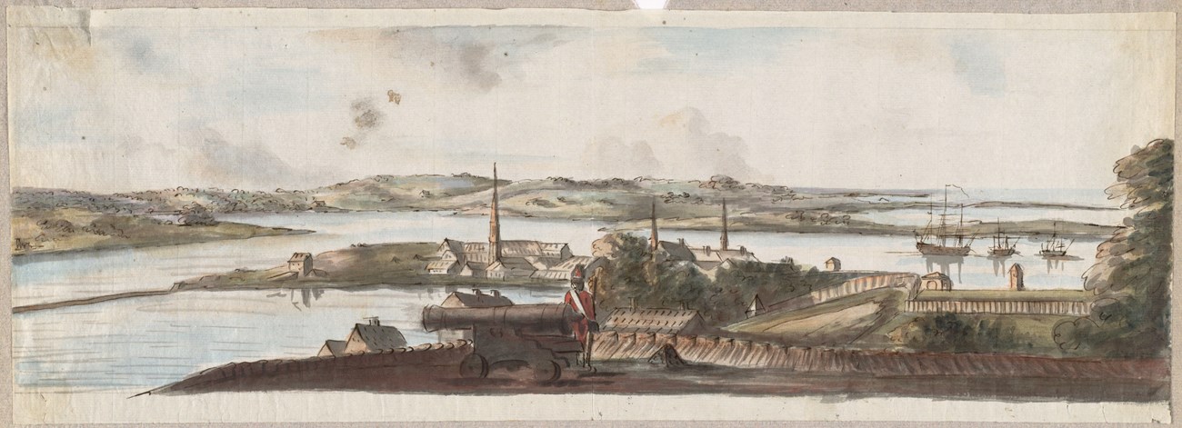 Noddle Island and the Mill Pond Panoramic watercolor painting of view from Boston across harbor. Cannon and soldier in red jacket in foreground.