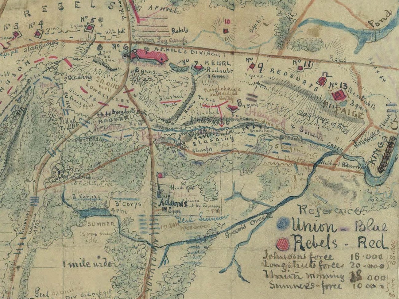 The Battle of Williamsburg, VA., by Robert Knox Sneden Hand-drawn map of Williamsburg battle shows Red lines for “Rebel” troop and blue lines for Union.