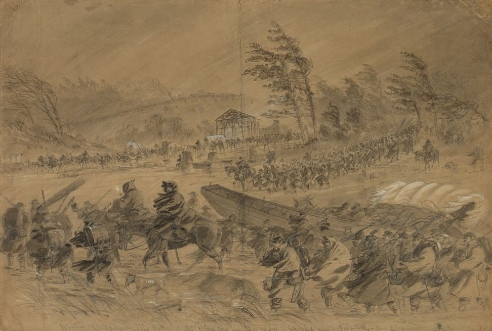 A pencil sketch of an army marching through wind, rain, and mud.