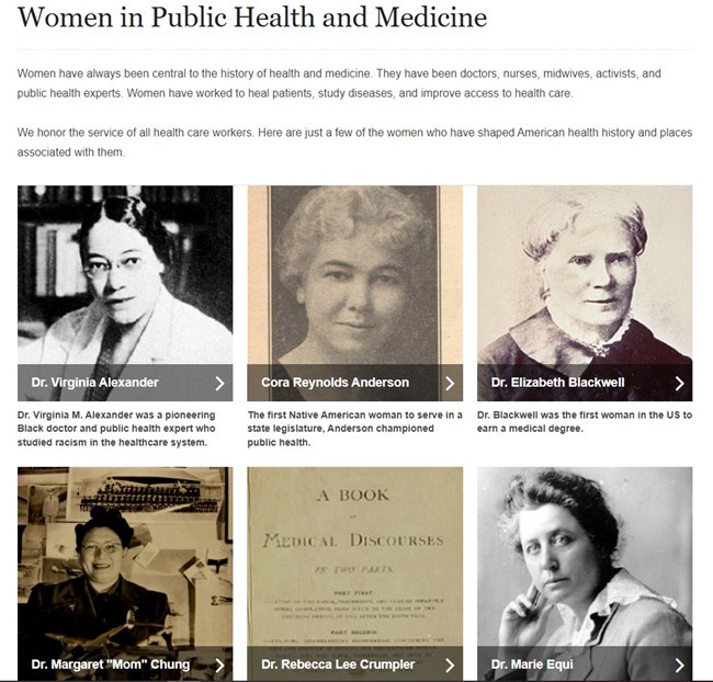 A screenshot of the “Women in Public Health and Medicine” digital content collection on NPS.gov.