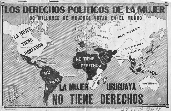 Map of women's political rights in the world Spanish language map of the world. Countries where women had political rights are shaded in white and countries where women did not are shaded in black.
