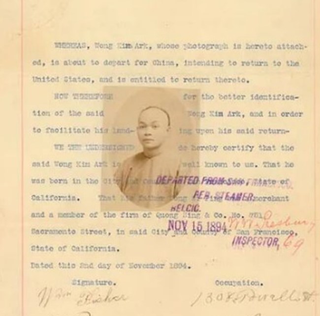 Wong Kim Ark Sepia toned portrait of a chinese man superimposed on a preinvestigation document