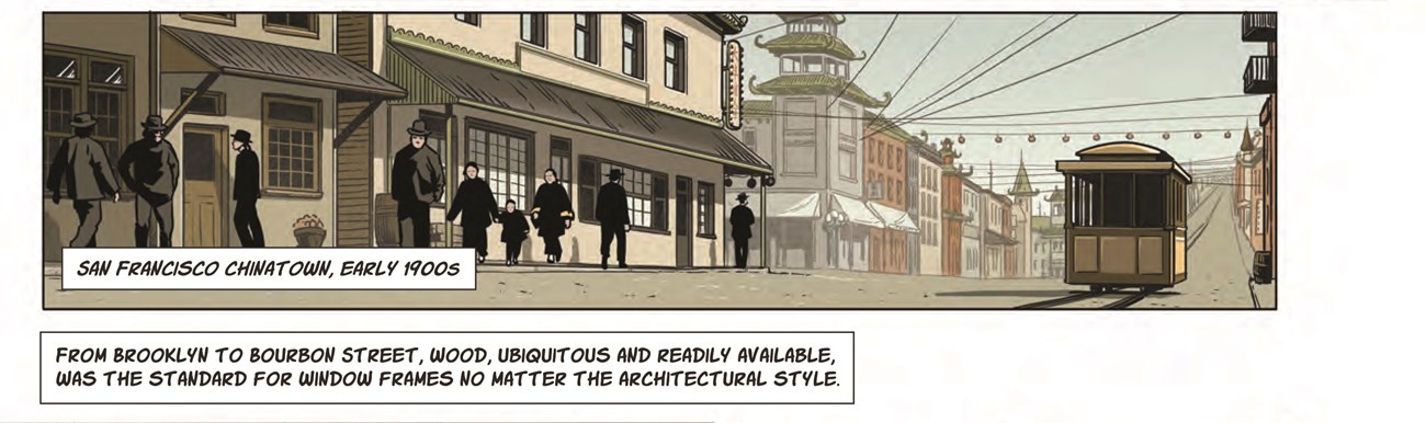 People wearing dark clothing walk under storefront awnings. Buildings with Asian inspired features in the background.