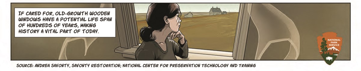 A white woman with a dark brown hair pulled back in a ponytail is looking out a window at a brown field and farm buildings.