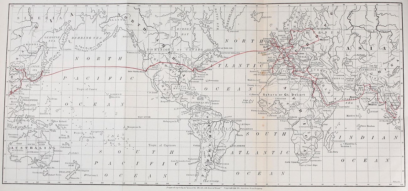 Map of the world with a red line indicating the countries Ulysses and Julia Grant visited on their world tour.