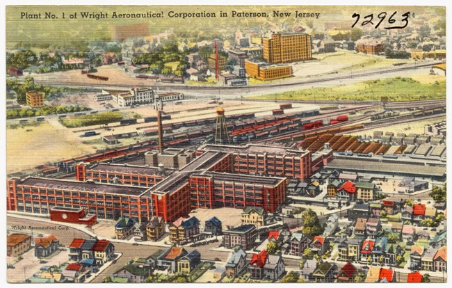 Color drawing of red brick factory and surrounding houses