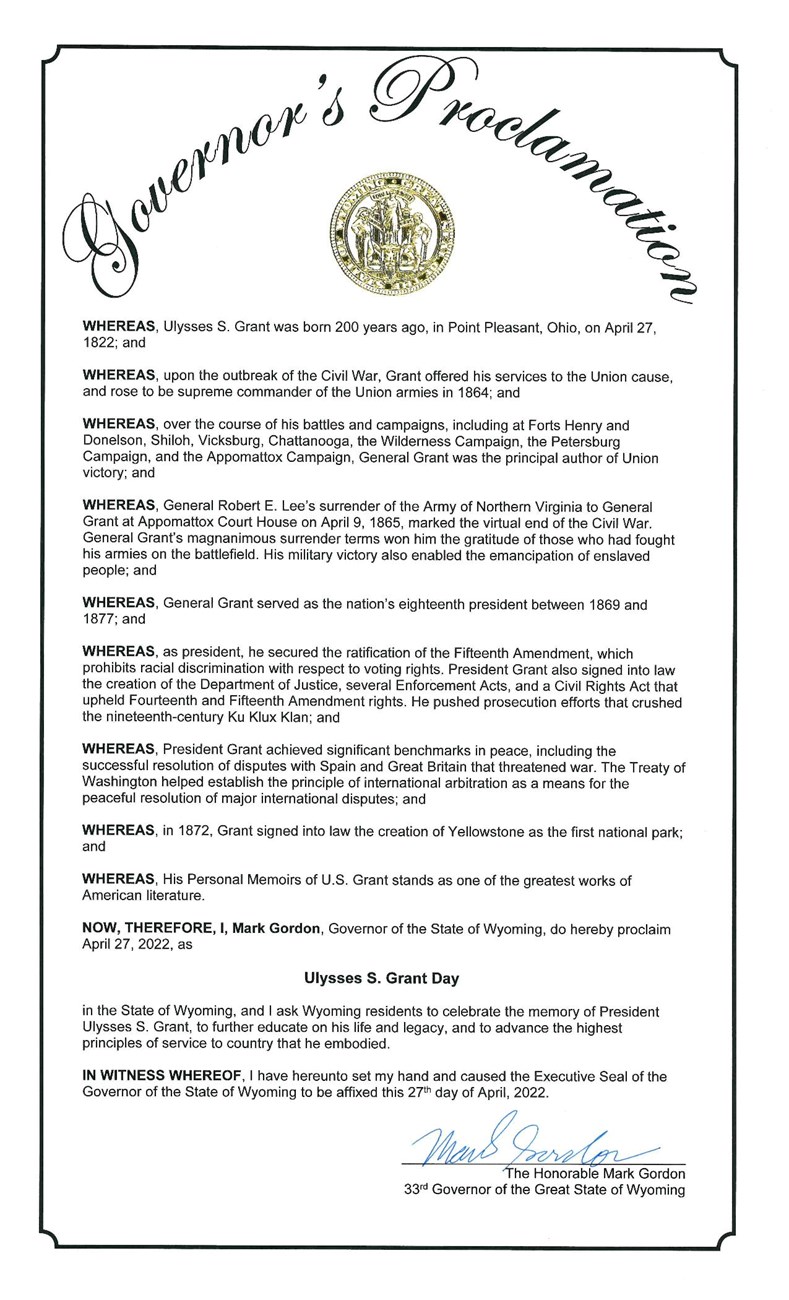 Wyoming Proclamation of Ulysses S Grant Day. The State seal is depicted at the top center.