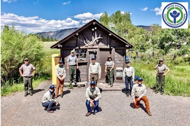 Youth Conservation Corps crewmembers posing for a group photo at Yellowstone National Park Youth Conservation Corps crewmembers posing for a group photo at Yellowstone National Park