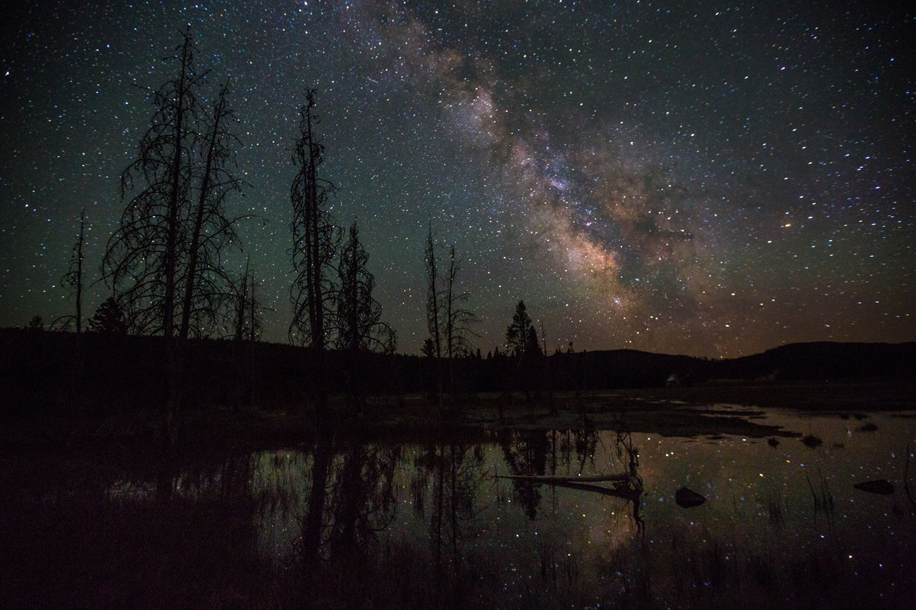 The Milky Way reflects off of a lake with silhouettes of trees