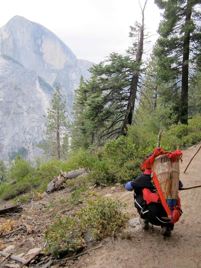 Ranger Emily Dayhoff carrying a basket on her back while kneeling on a trail