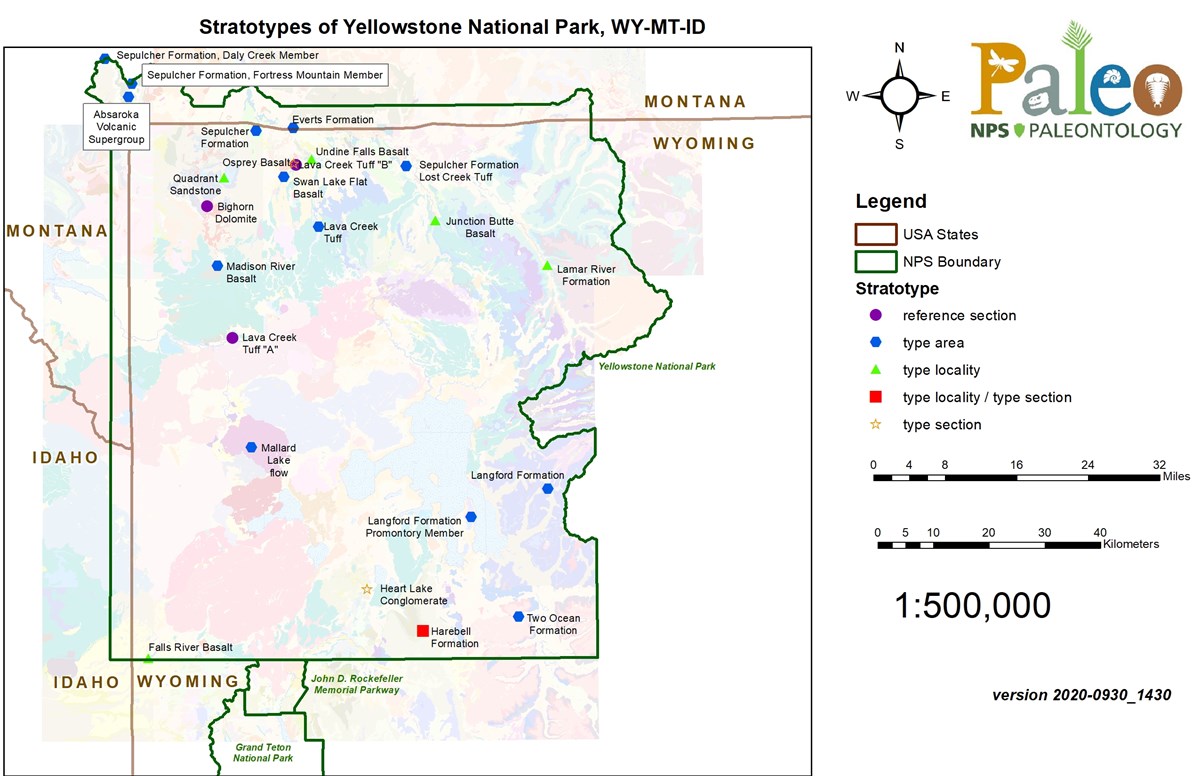 map and legend showing boundary of yellowstone national park and the location of stratotypes