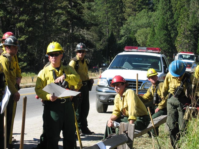 NPS wildland firefighters standing and sitting in parking lot in front of vehicles near forest