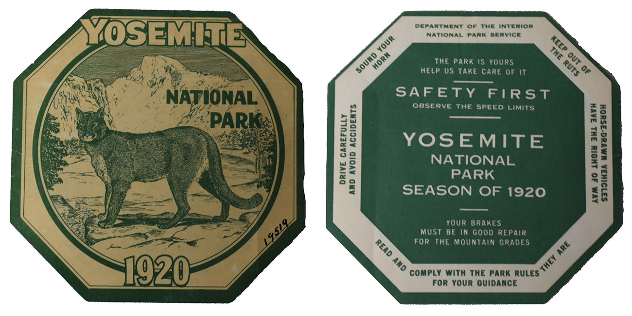 Front and back of a 1920 Yosemite windshield sticker