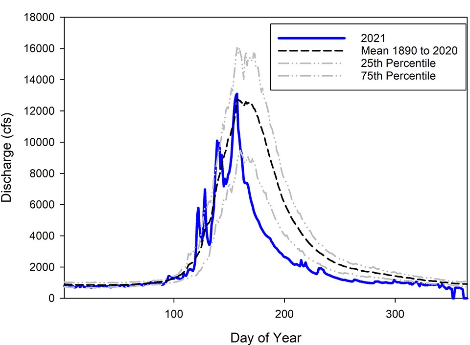 Graph of water discharge for 2021 and period of record. 2021 was similar to the long-term average but returned to base flows earlier in the year.