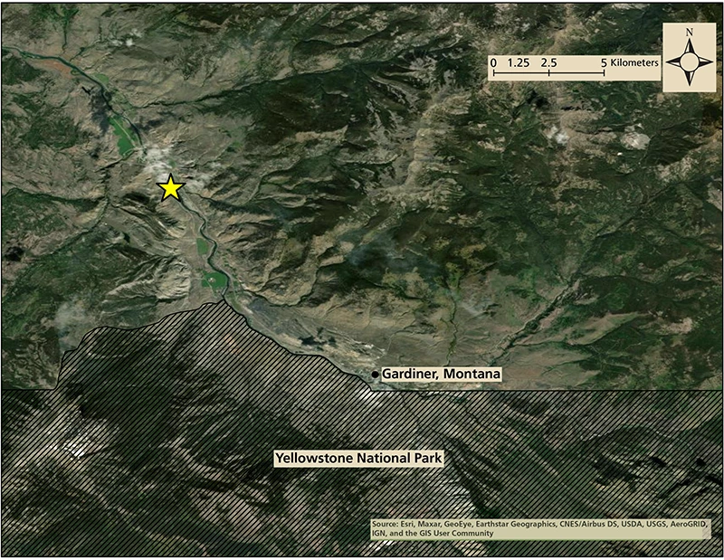 Yellowstone River monitoring location An arial view of the Yellowstone River flowing northwest out of the park to the sampling location northwest of Gardiner, Montana.