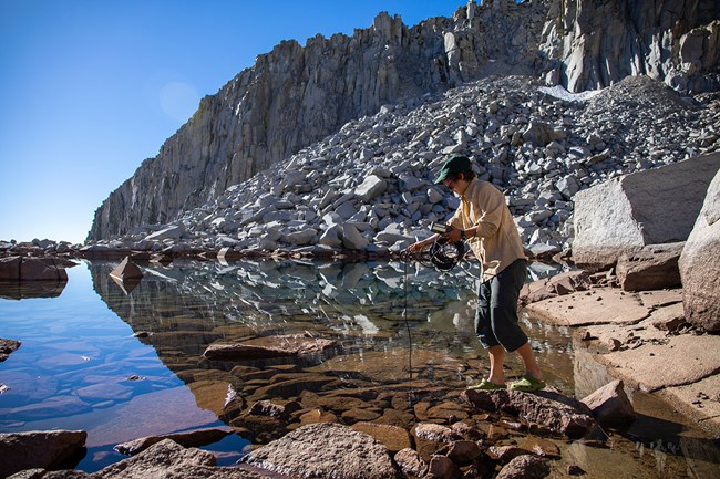 Field scientists stands on rock at edge of mountain lake, and holds a meter in the water to measure water quality parameters.