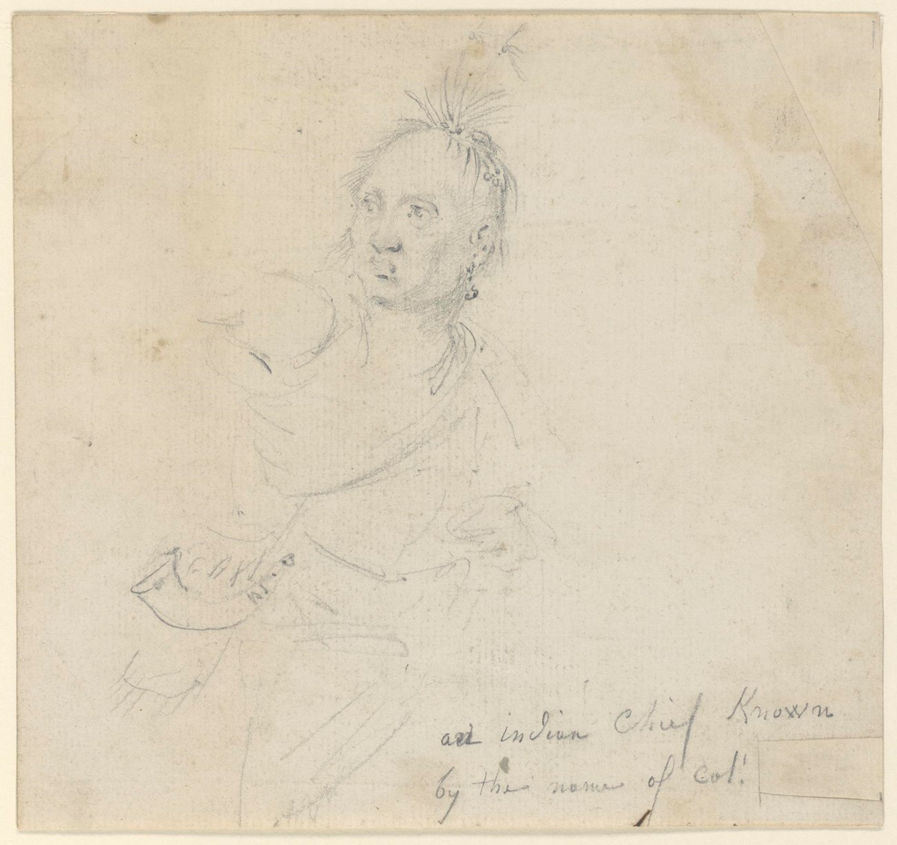 Atayataghlonghta Pencil sketch of a Native man with feathers in his hair, carrying powder horn