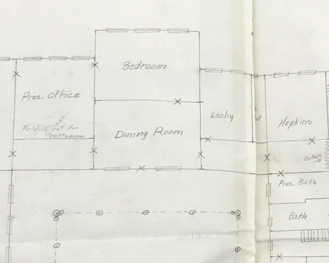 A detail of a floorplan showing room assignments, indicating that Arthur Prettyman was to sleep on a cot in the office.
