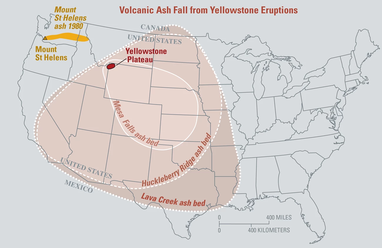 Yellowstone Ash Map USGS Map of the U.S. showing the distribution of 3 major ashfall events.