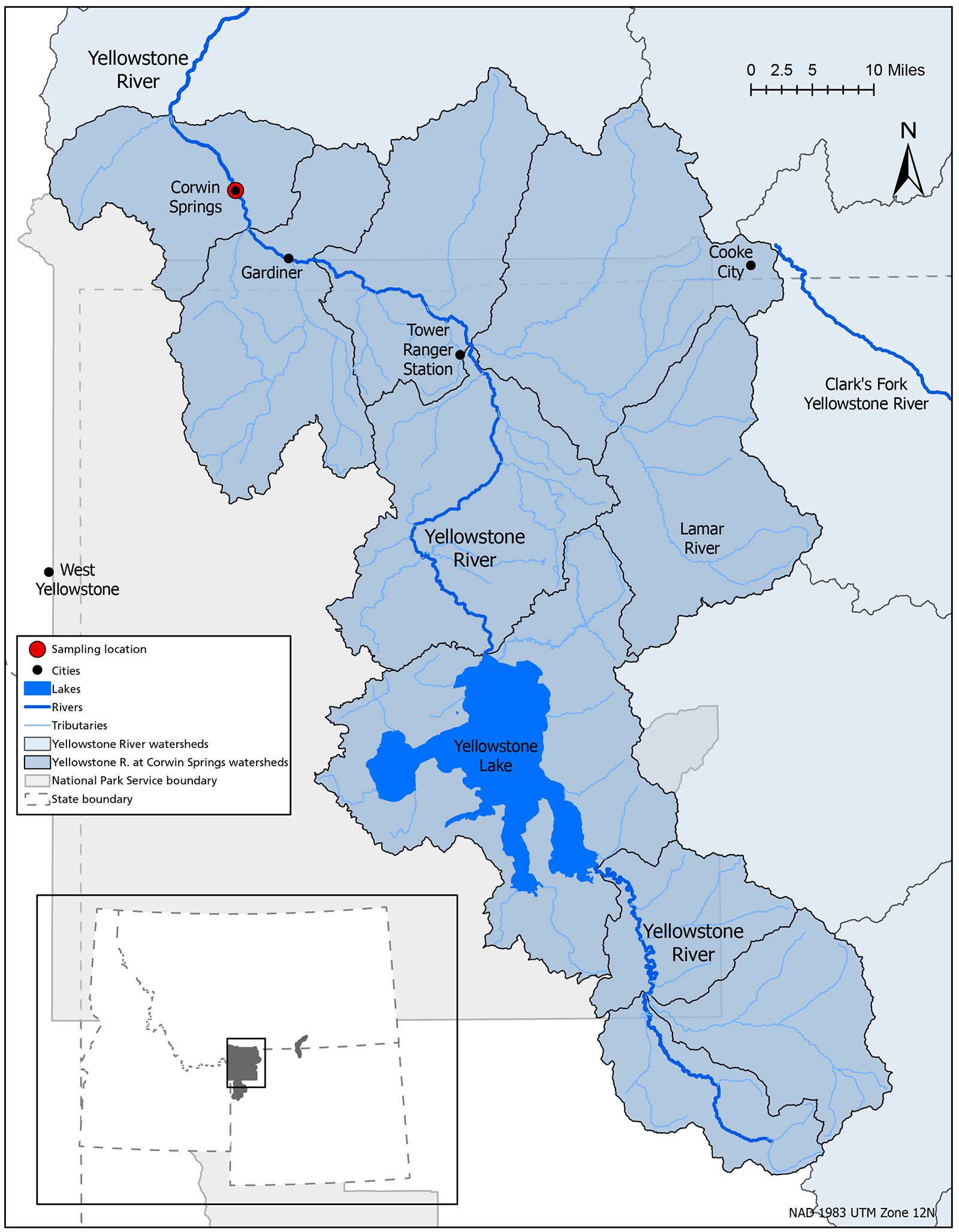 Yellowstone River watersheds Map of the Yellowstone River watersheds and watersheds of the monitoring location at Corwin Springs, MT