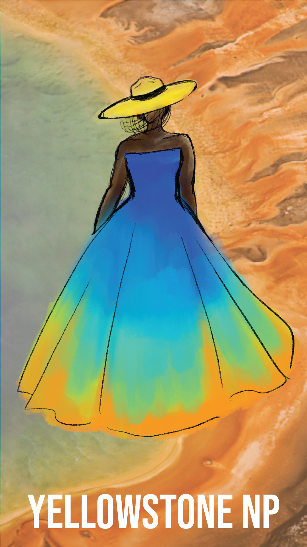 A fashion sketch of a female model wearing a geyser-inspired ballroom gown.