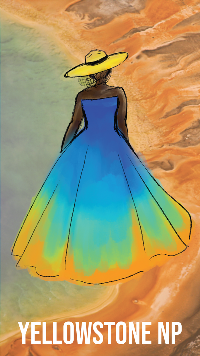 geyser-inspired ballroom gown, NPS Fashion Week 2021 A fashion sketch of a female model wearing a geyser-inspired ballroom gown.