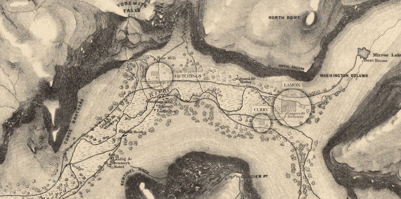 Yose orchards Highlighted A historic map of yosemite valley highlighting Hutchings, Curry, and Lamon Orchards.