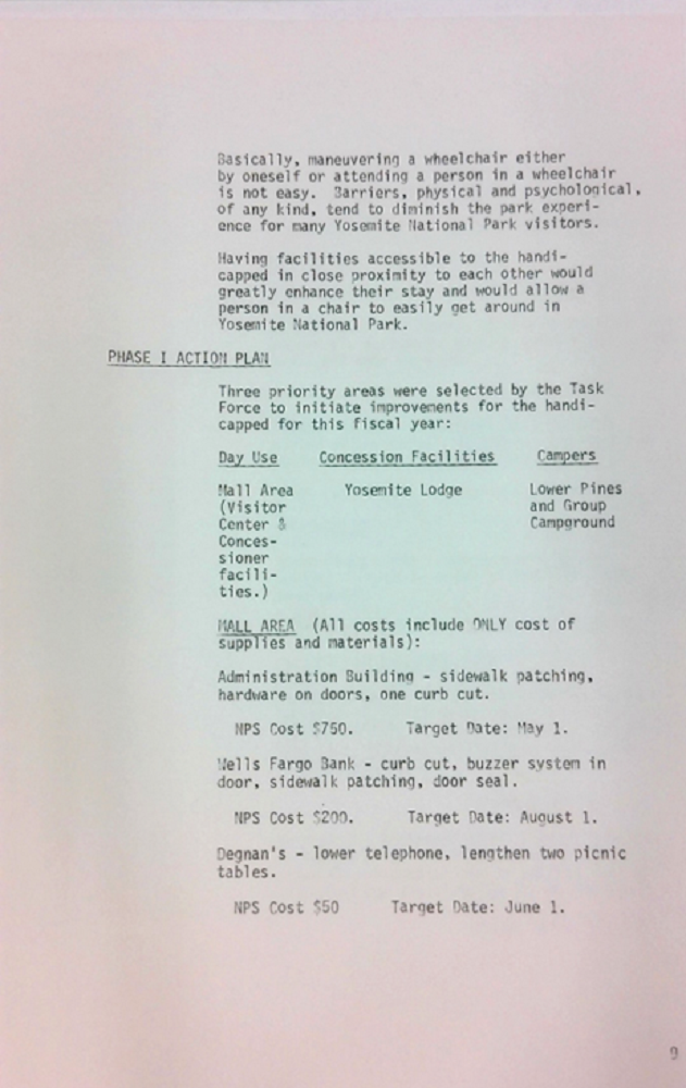 Phase I of the Action Plan has three priority areas: the Mall Area (including Visitor Center), Yosemite Lodge, and Lower Pines Campground. Descriptions list small projects, like curb cuts and lowering telephones, costs, and target dates for completion.