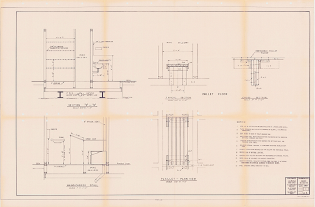 Section and pallet diagrams of an accessible bathroom stall including toilet, grab bars, sink, and paper towel dispenser. 12 notes about technical requirements for the bathroom.