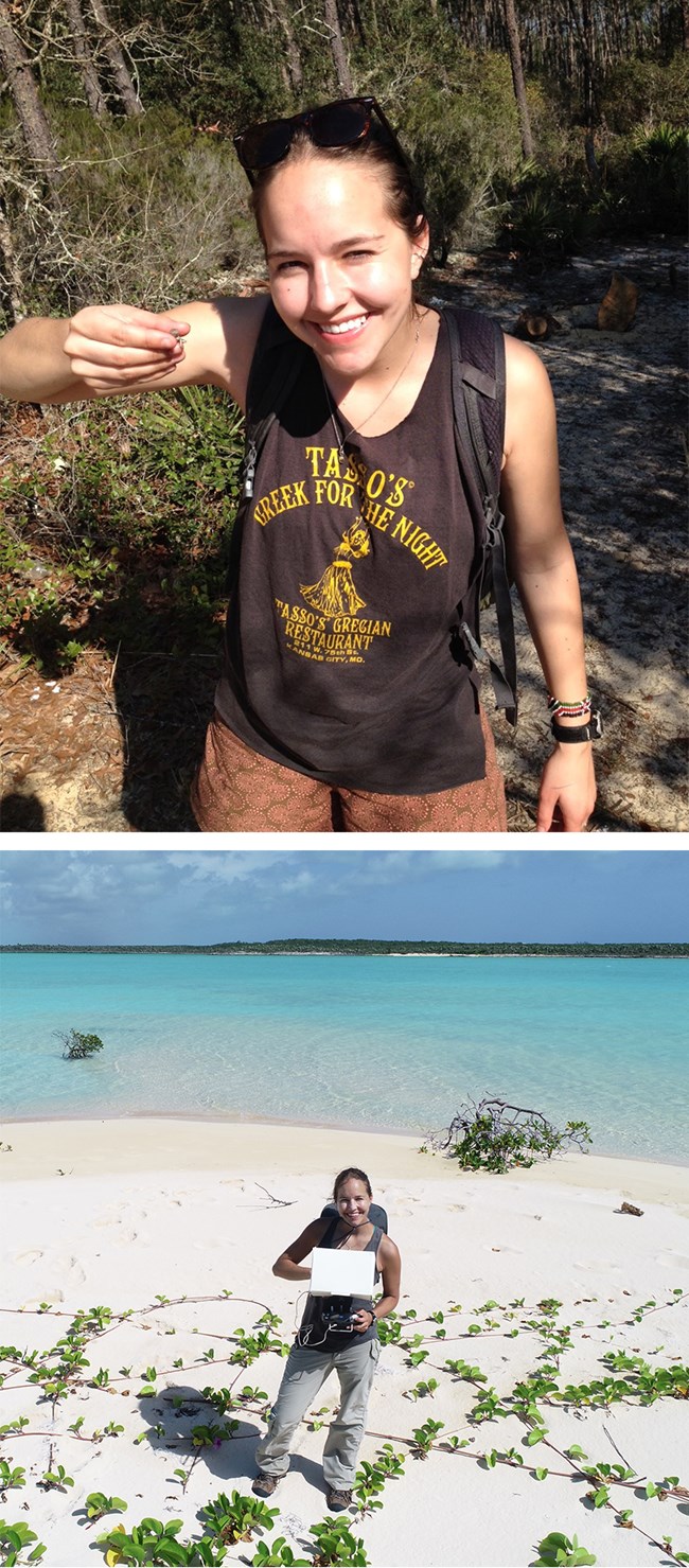 Youngblood MS PhD activities collage Top photo of young woman holding small lizard; bottom photo of same woman controlling a drone on a beach.