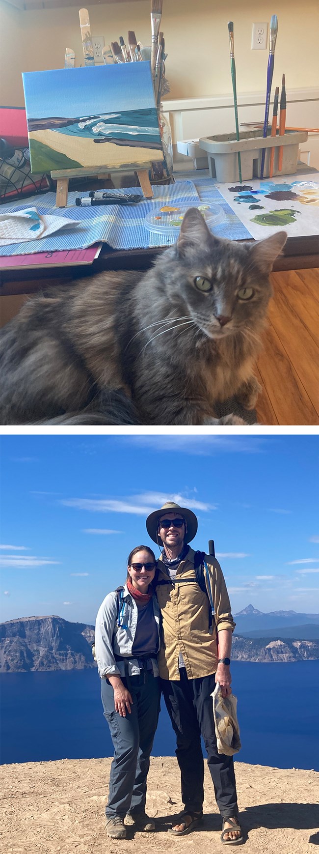 Top photo of a cat sitting in front of a painting studio; bottom photo of a couple standing in front of a vast, blue lake.